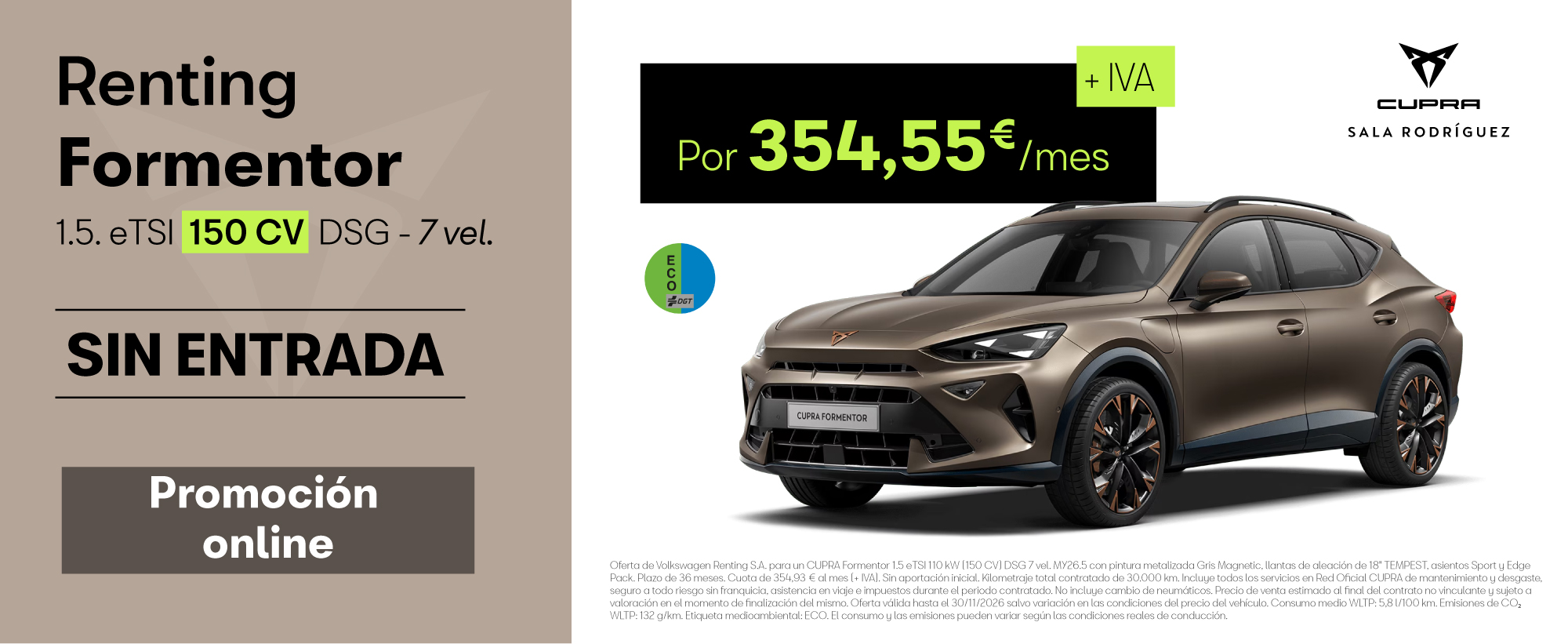 Renting CUPRA Formentor eTSI por 354€/mes ¡Sin Entrada! 